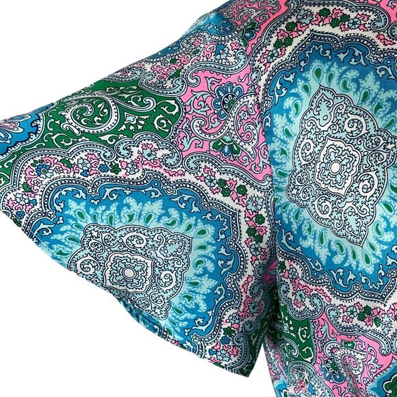 Talbots Petite Medium PM Top Geometric Flutter Sleeves Lightweight Scoop Neck - Picture 3 of 10